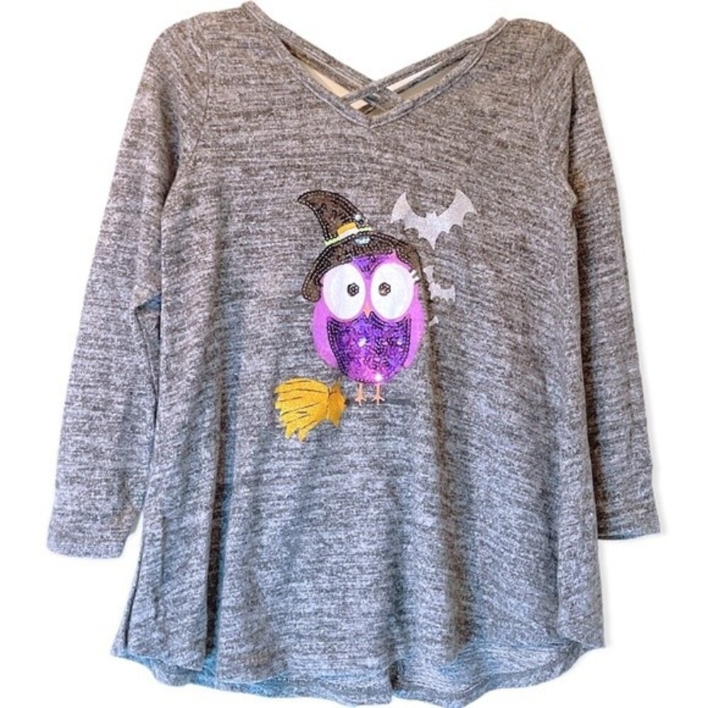Poof! Girl Sequined Owl Graphic Grey Sweater